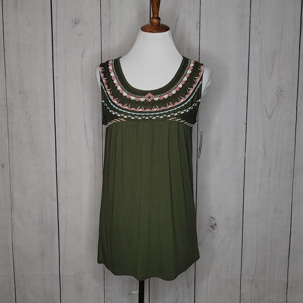 HANNAH Olive Green Embroidered Tank Top Women Size S